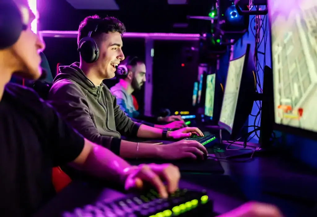 Een groep esports-spelers zit naast elkaar achter gamingcomputers tijdens een wedstrijd. Ze dragen headsets en communiceren terwijl ze samen spelen.
