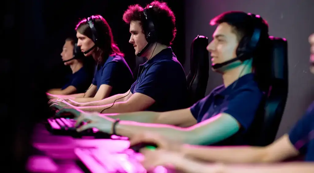 Een rij esports-spelers zit naast elkaar achter computers en speelt een wedstrijd. Ze dragen headsets en concentreren zich op het spel.
