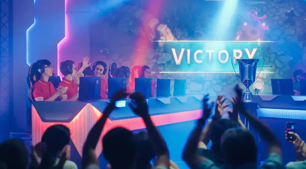 Een esports-team viert een overwinning op het podium terwijl fans juichen. Op de achtergrond staat een trofee en een groot scherm met het woord "Victory".